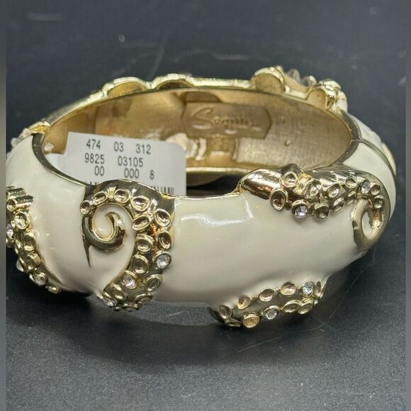 Sequin White and Gold Enamel Hinged Bangle Bracelet - Picture 2 of 16